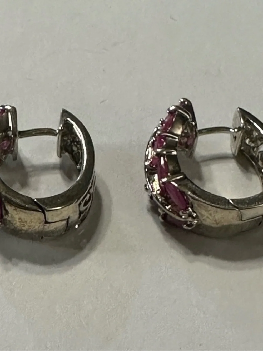Vintage Sterling Silver Pink/Red Ruby Hinged Huggie Earrings For Pierced Ears - Picture 3 of 10